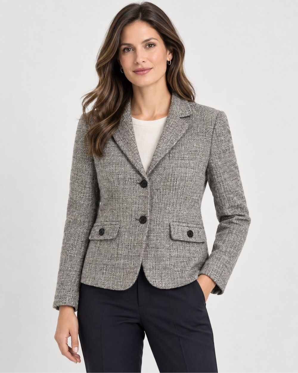 Talbots Gray Silver Metallic Tweed Blazer Jacket Two Button Career Size 16